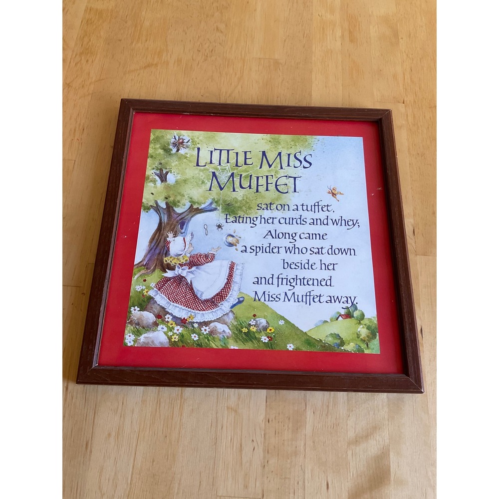 Vintage Little Miss Muffet Framed Nursery Rhyme Wall Art Wood Frame 12.75"